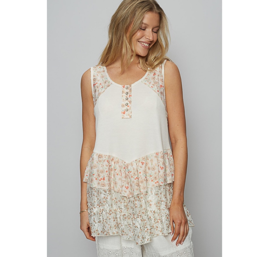 POL Cream Floral Tiered Sleeveless Tunic